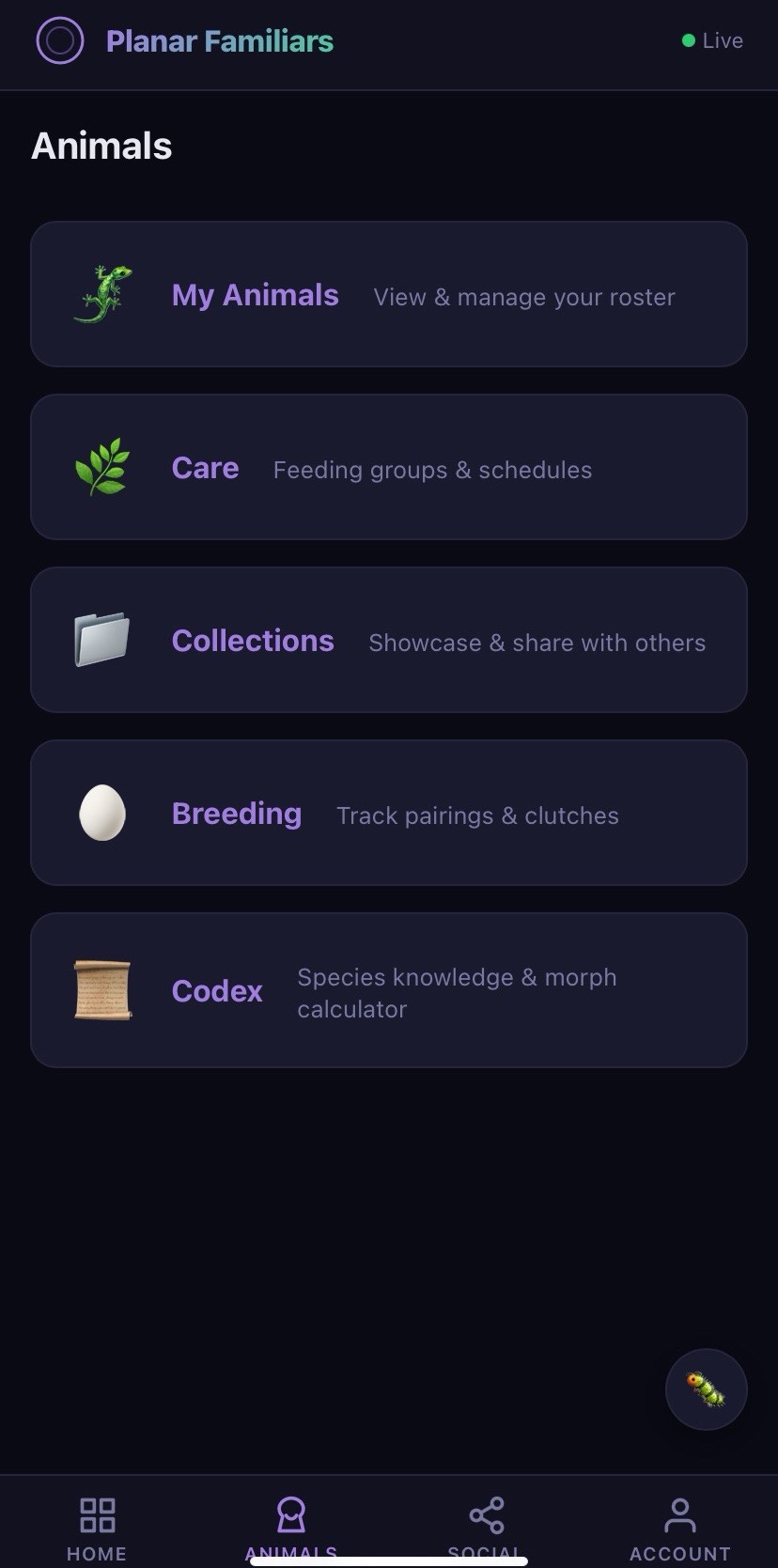 The Planar Familiars keeper app, showing animals, care, collections, breeding, and codex
